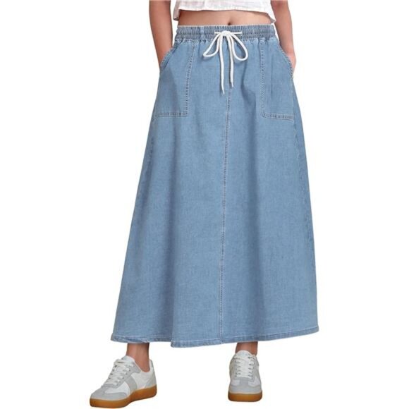 Denim Skirts Trendy A Line with Pockets Blue - Picture 1 of 7